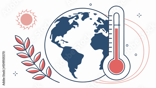 Global Warming Illustration Planet Earth Thermometer Sun and Leaves.