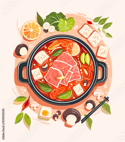 Sichuan hot pot vector illustration with fresh ingredients and spices on light background