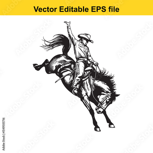 Dynamic Black and White Illustration of a Cowgirl Riding a Galloping Horse with Lasso Raised in Action and Determination in a Vector Editable Format