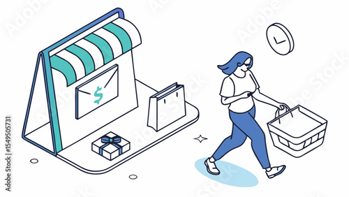 Woman shopping near store with gift bag and clock illustration.