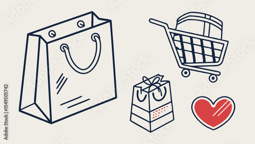 Vector Illustration of Shopping Bags Cart Gift Box and Heart.