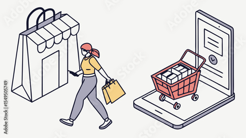 Woman shopping with bags store and online shopping cart on tablet.