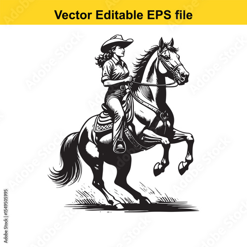 Dynamic Black and White Illustration of a Cowgirl Riding a Galloping Horse with Lasso Raised in Action and Determination in a Vector Editable Format