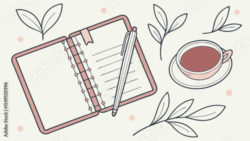 Open notebook pen and cup of tea with leaf illustrations.