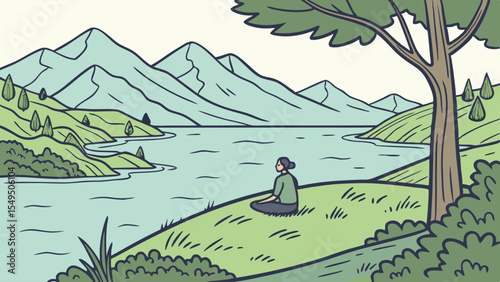 Woman meditating by a lake with mountains and trees illustration.