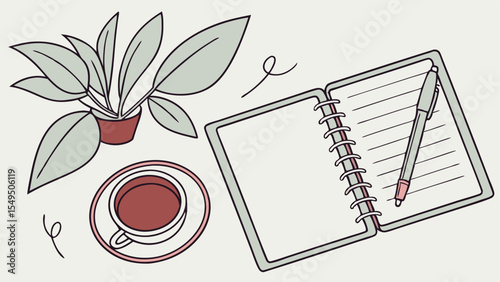 Cozy Workspace with Notebook Pen Plant and Coffee Cup.