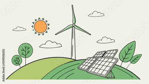 Green Energy Landscape Wind Turbine Solar Panels and Sun.