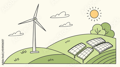 Cartoon illustration of a wind turbine solar panels sun and landscape.