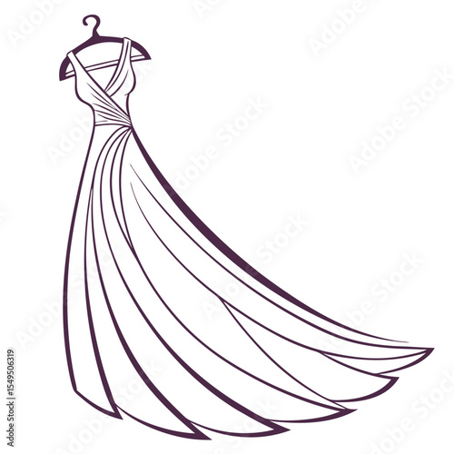 Elegant long flowing dress on hanger line drawing illustration
