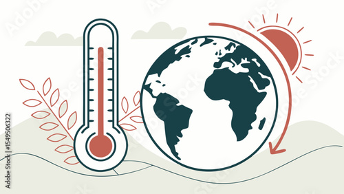 Earth globe with thermometer and sun illustrating global warming concept.