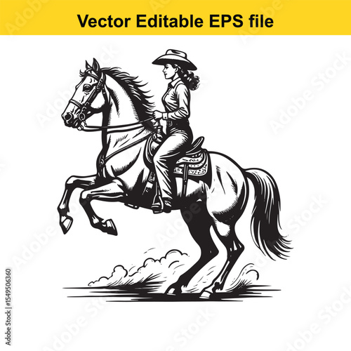 Dynamic Black and White Illustration of a Cowgirl Riding a Galloping Horse with Lasso Raised in Action and Determination in a Vector Editable Format