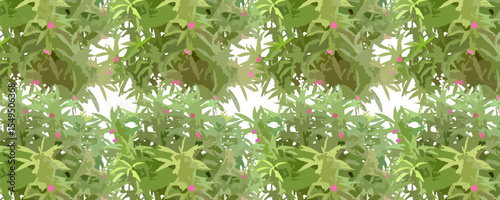 Seamless Floral Foliage Background with Green Leaves and Pink Flowers