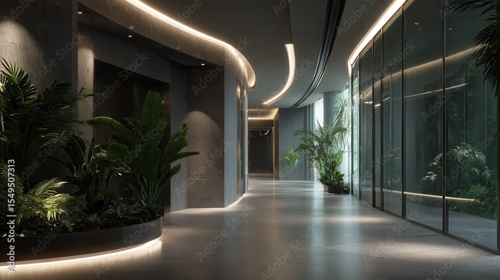 Obraz premium An elevator lobby for a high-end luxury building in dubai, polished concrete floors, sleek architectural lighting, lush indoor greenery and plants, travertine walls with curves in.