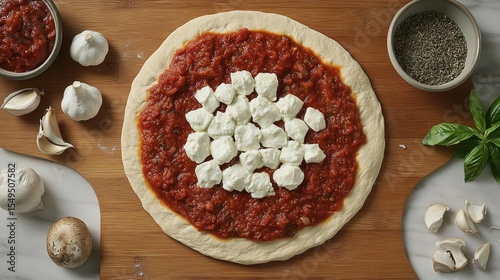 Pizza preparation; mozzarella topping photo