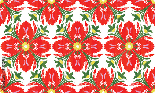 The fabric patterns seamless vector pattern, beautifully arranged floral, with flowers in the center, red, green, white background