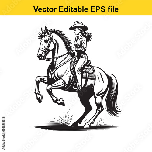 Dynamic Black and White Illustration of a Cowgirl Riding a Galloping Horse with Lasso Raised in Action and Determination in a Vector Editable Format