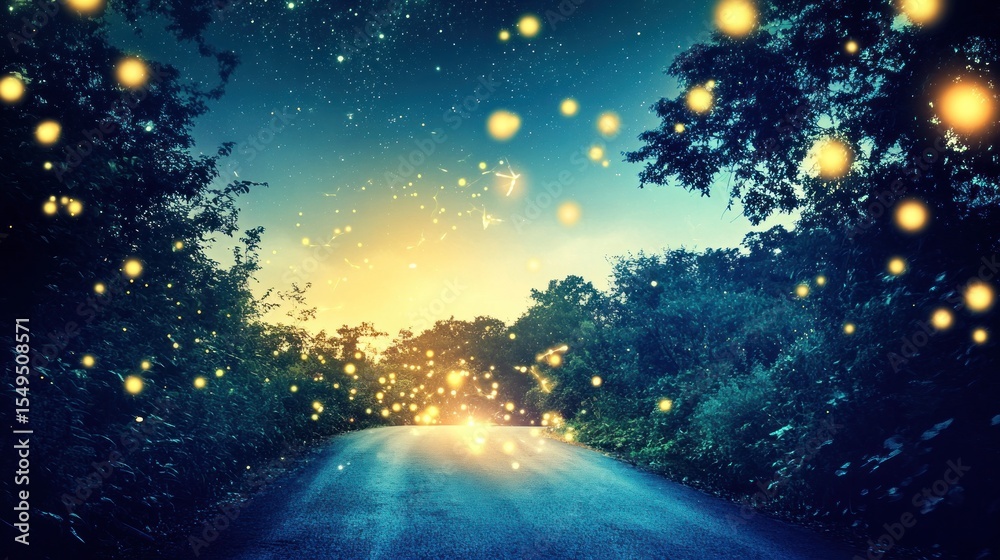 Naklejka premium Night road through magical forest