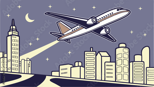Airplane Taking Off Over Night Cityscape.