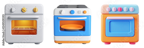 Three Colorful Cartoon Ovens Isolated On White Background with Different Styles and Details including Yellow Orange Blue and Pink Colors