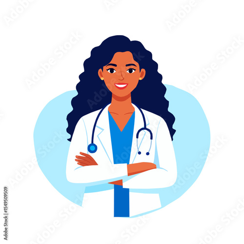 Vector illustration of a female doctor with a stethoscope in a flat style. This female healthcare professional is ideal for medical, educational, or promotional content.