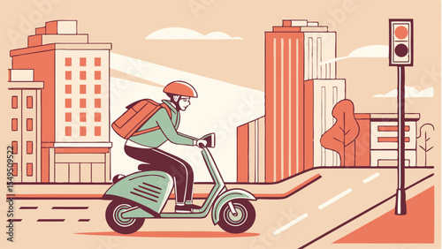 Delivery person riding scooter in city with buildings and traffic light.