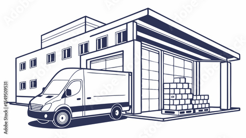 Delivery van at warehouse loading dock with stacked boxes.