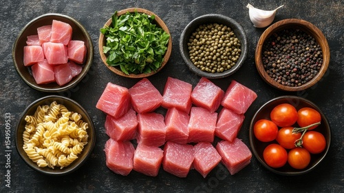 Raw tuna cubes, pasta, herbs, spices, and tomatoes laid out
