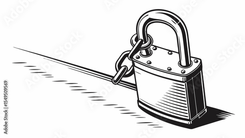 Detailed Black and White Illustration of a Padlock and Chain.
