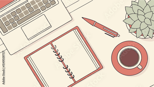 Flatlay Illustration of Workspace Essentials Laptop Notebook Pen Coffee Succulent.