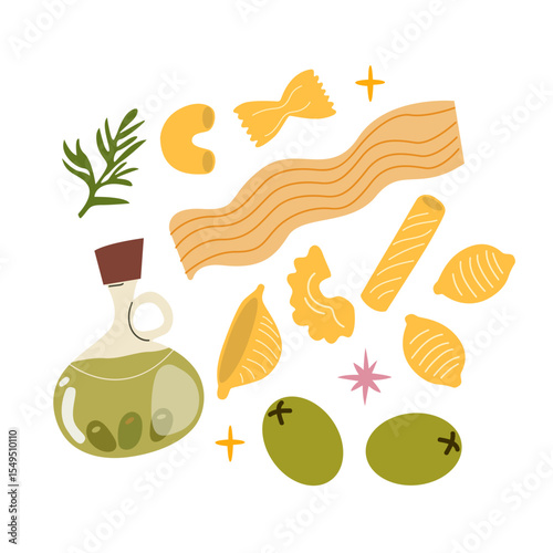Cartoon pasta abstract poster in retro style. Hand drawn vector food print design. Different shapes of Italian pasta, penne, rigatoni, spaghetti, olives and olive oil in a glass bottle