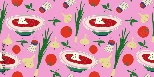 Seamless pattern with traditional Ukrainian food. Bright cartoon flat background with tasty national borsch with sour cream, green onion, tomato, garlic, salt. For print, textile, fabric, packaging