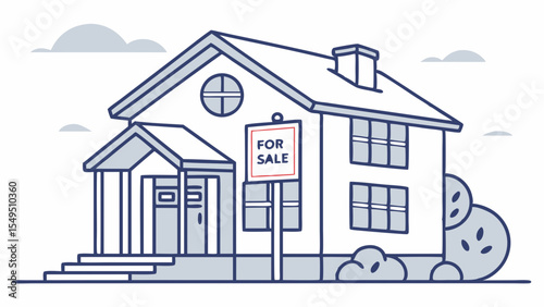 Illustrated House with For Sale Sign Representing Real Estate.