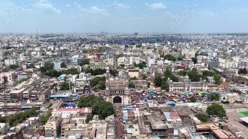 Hyderabad, India: Aerial view of Charminar, iconic monument and symbol of capital and largest city of Indian state of Telangana - landscape panorama of South Asia from above
