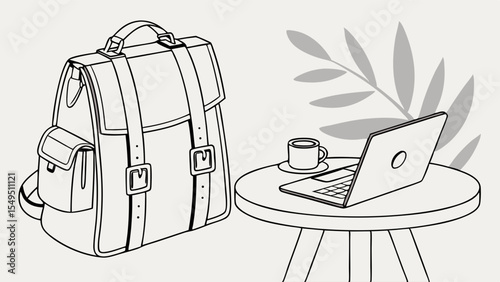 Leather Backpack Laptop Coffee Cup on Small Table.