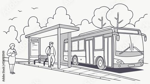 Line art illustration of a bus people and bus stop.