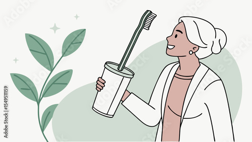 Woman holding toothbrush in cup with plant illustration.