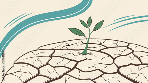 Sprout Growing from Cracked Earth with Water Graphic Above.