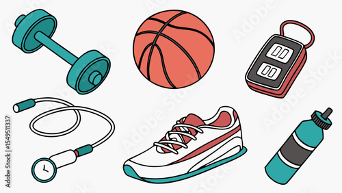 Colorful Sport Equipment and Accessories Illustration.