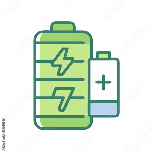 Green battery icon with charge indicator and smaller battery on a white background 
