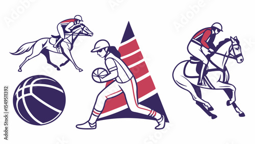 SportsThemed Illustrations Featuring Horse Racing Basketball and Softball.