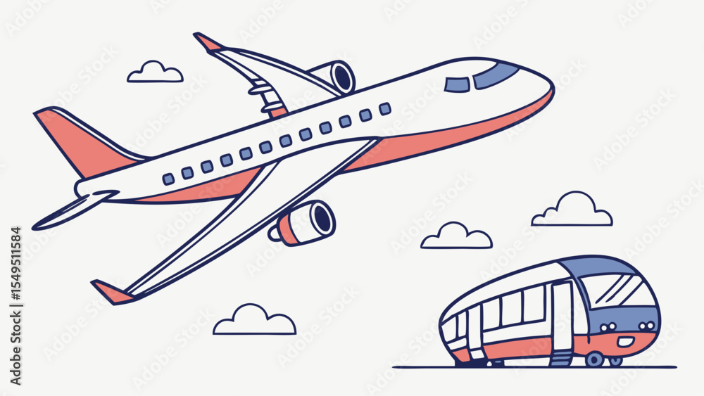 Fototapeta premium Illustrated Airplane and Train Representing Transportation and Travel.