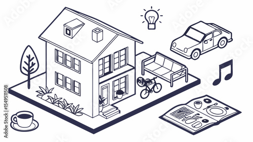 Isometric Illustration of a Home with Outdoor Elements.