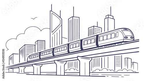 Modern Train Transit System Traveling Through a Cityscape.