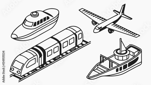 Isometric Line Art Airplane Train and Two Boats Illustration.
