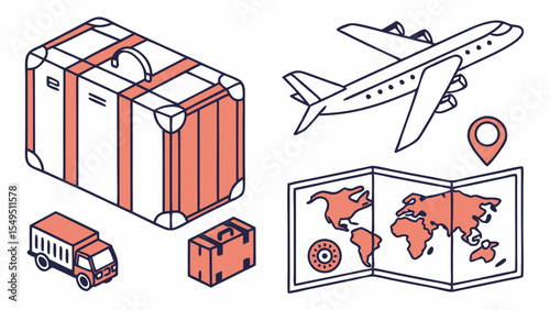 Illustrated Travel Icons Suitcase Airplane Map Truck and Luggage.
