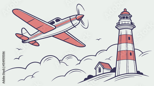 Vintage Airplane Flying Over Lighthouse and Coastal Scene Illustration.