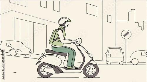 Person Riding a Scooter in City Street Scene.
