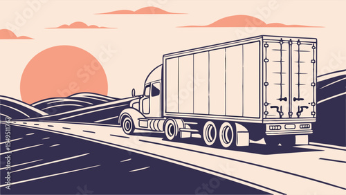 Scenic Highway Truck Traveling Through Hills at Sunrise.