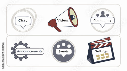 Illustrated Icons Representing Various Digital Communication and Management Features.