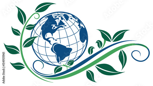 Stylized Earth Globe Encircled by Lush Green Leaves.